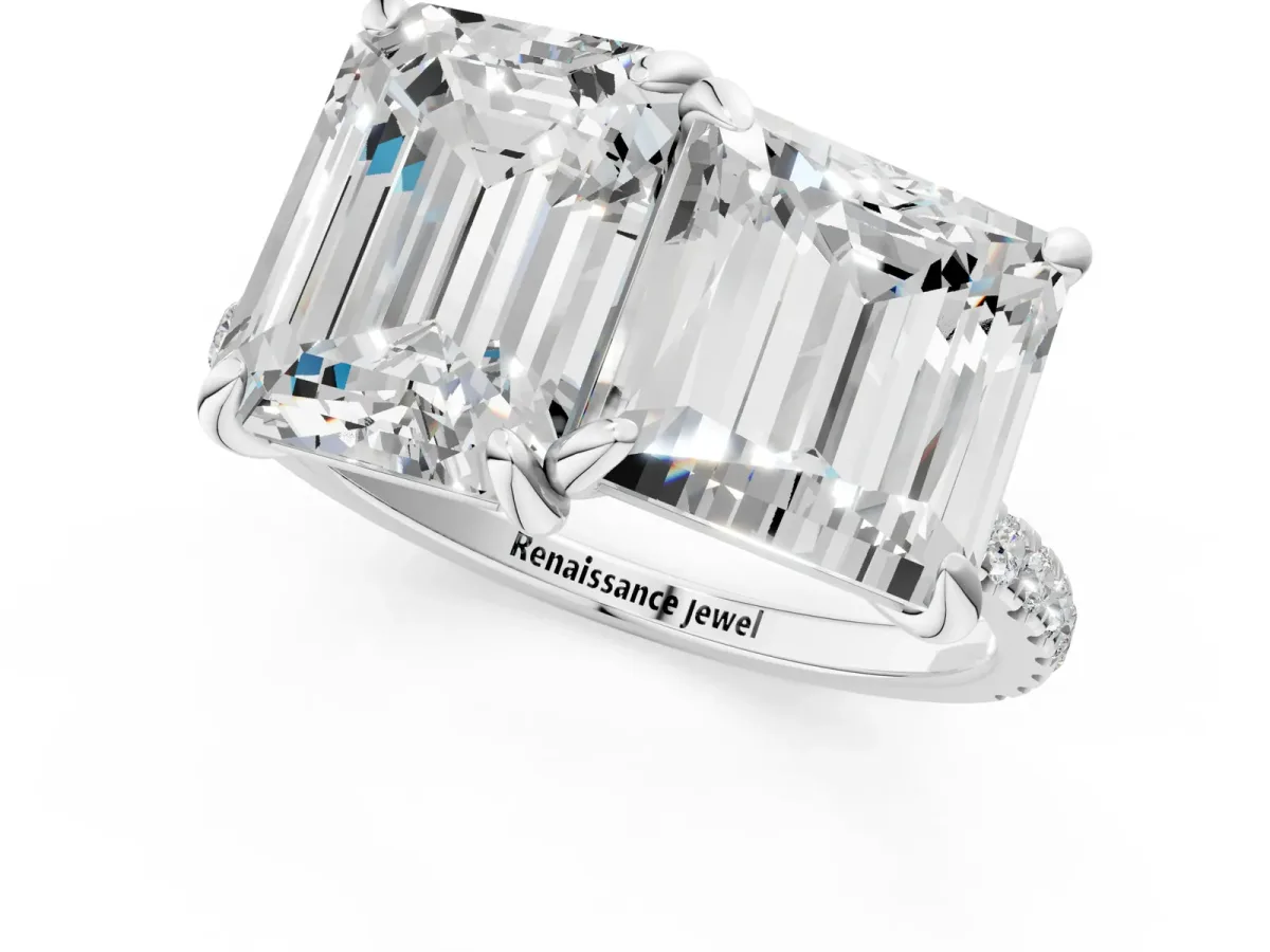 Emerald and Princess Toi Moi Ring with Prong Setting and Micro Pave Band Platinum