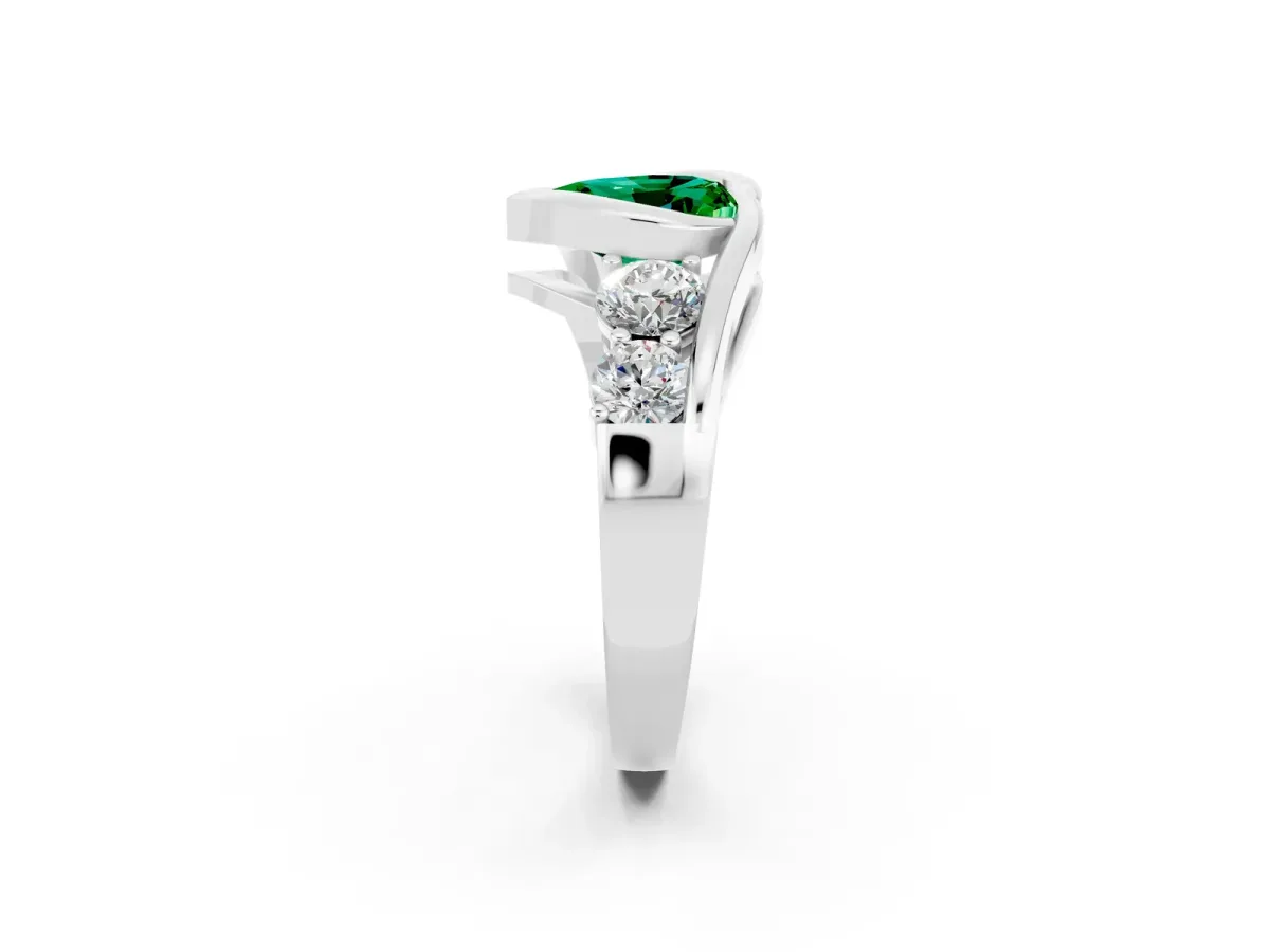 Bezel Set Heart Cut Emerald Bypass Ring with Round Accents Platinum
