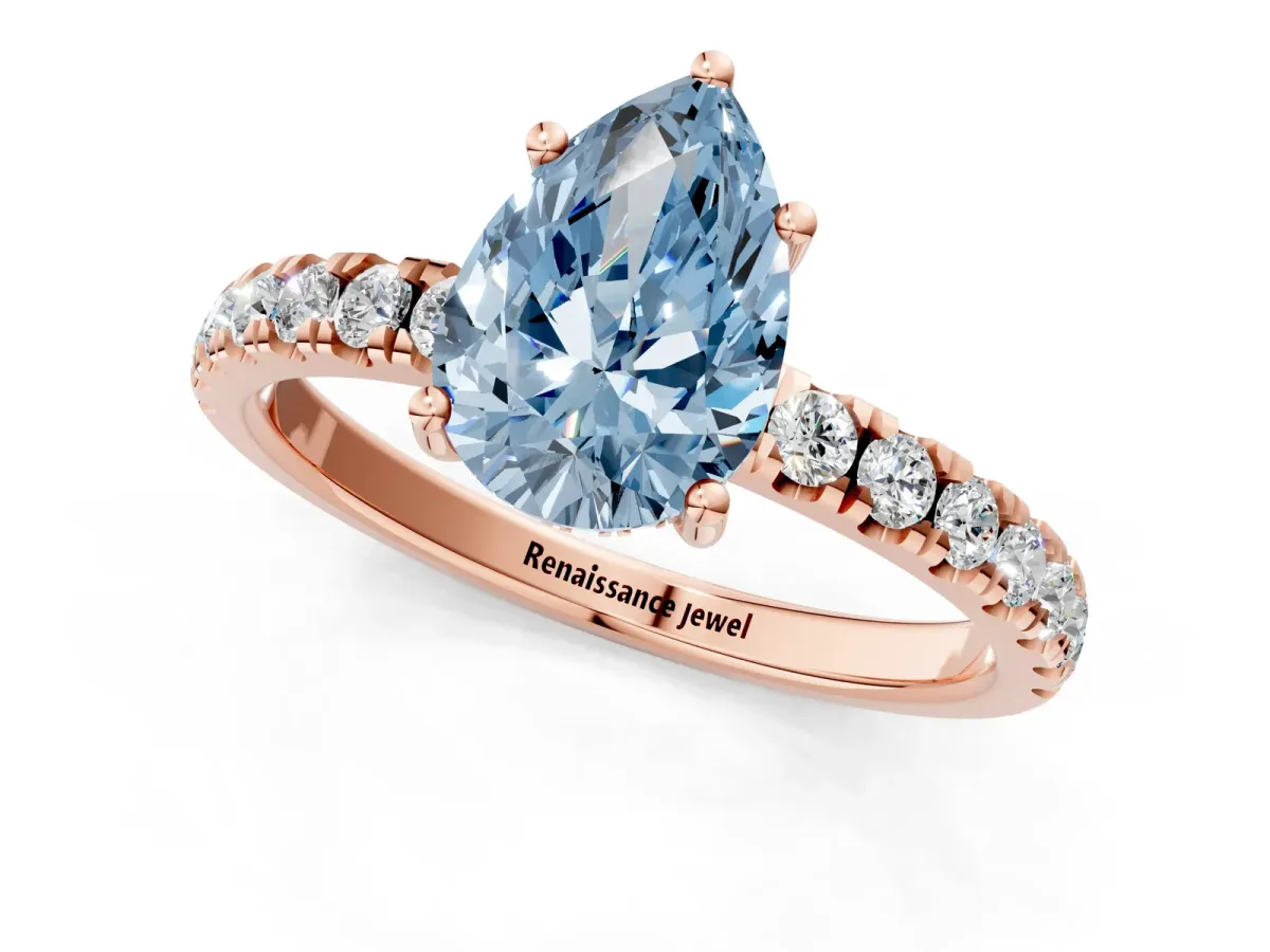 Fancy Blue Pear Cut Diamond Pave Band Solitaire Ring with Round and Prong Setting Rose gold