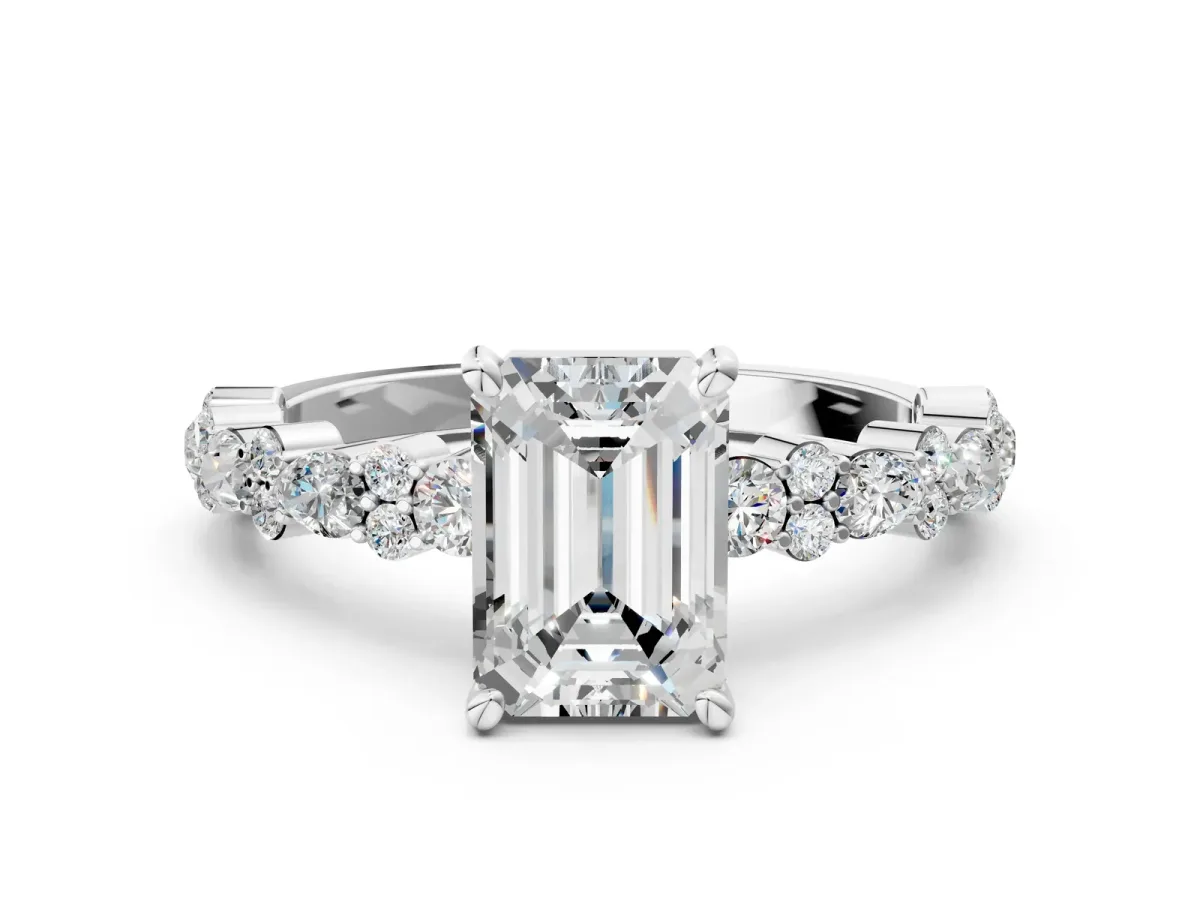 Emerald Cut Diamond Side Stone Solitaire Ring with Round Moissanite and Four-Prong Setting Platinum