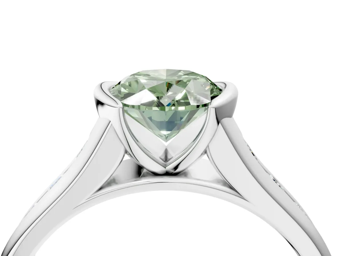 Fancy Green Oval Cut Solitaire Bezel-Set Diamond Ring with Channel-Set Band Platinum