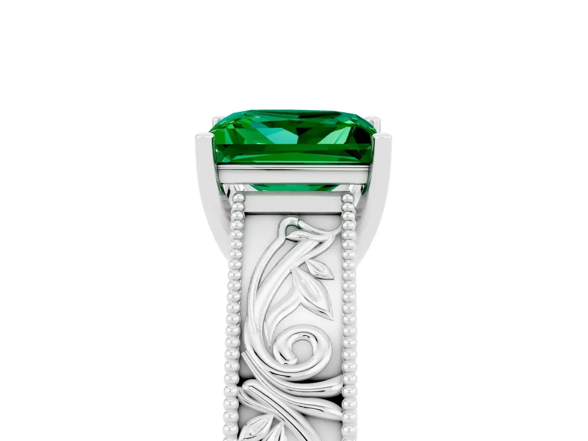 Princess Cut Emerald Solitaire Ring with Engraved Band and Four-Prong Setting White gold