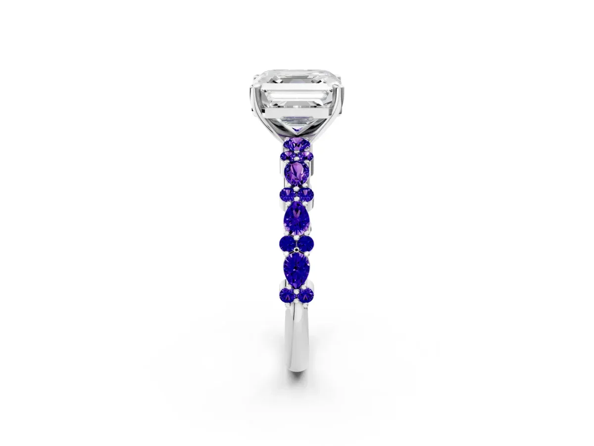 Asscher Cut Diamond Side Stone Solitaire Ring with Round Tanzanite and Four-Prong Setting Platinum