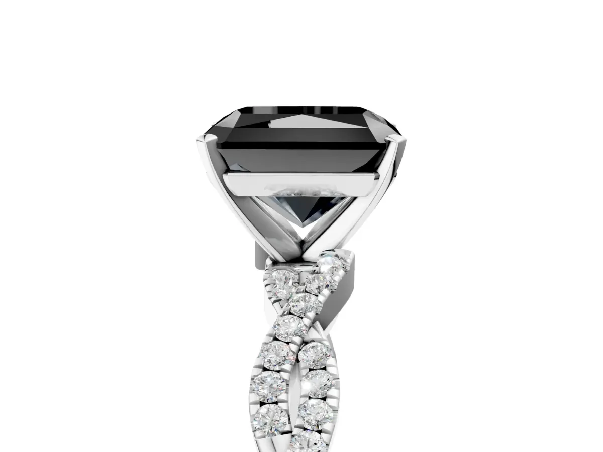 Fancy Black Radiant Cut Solitaire Twisted Pave Band with Four-Prong Setting Platinum