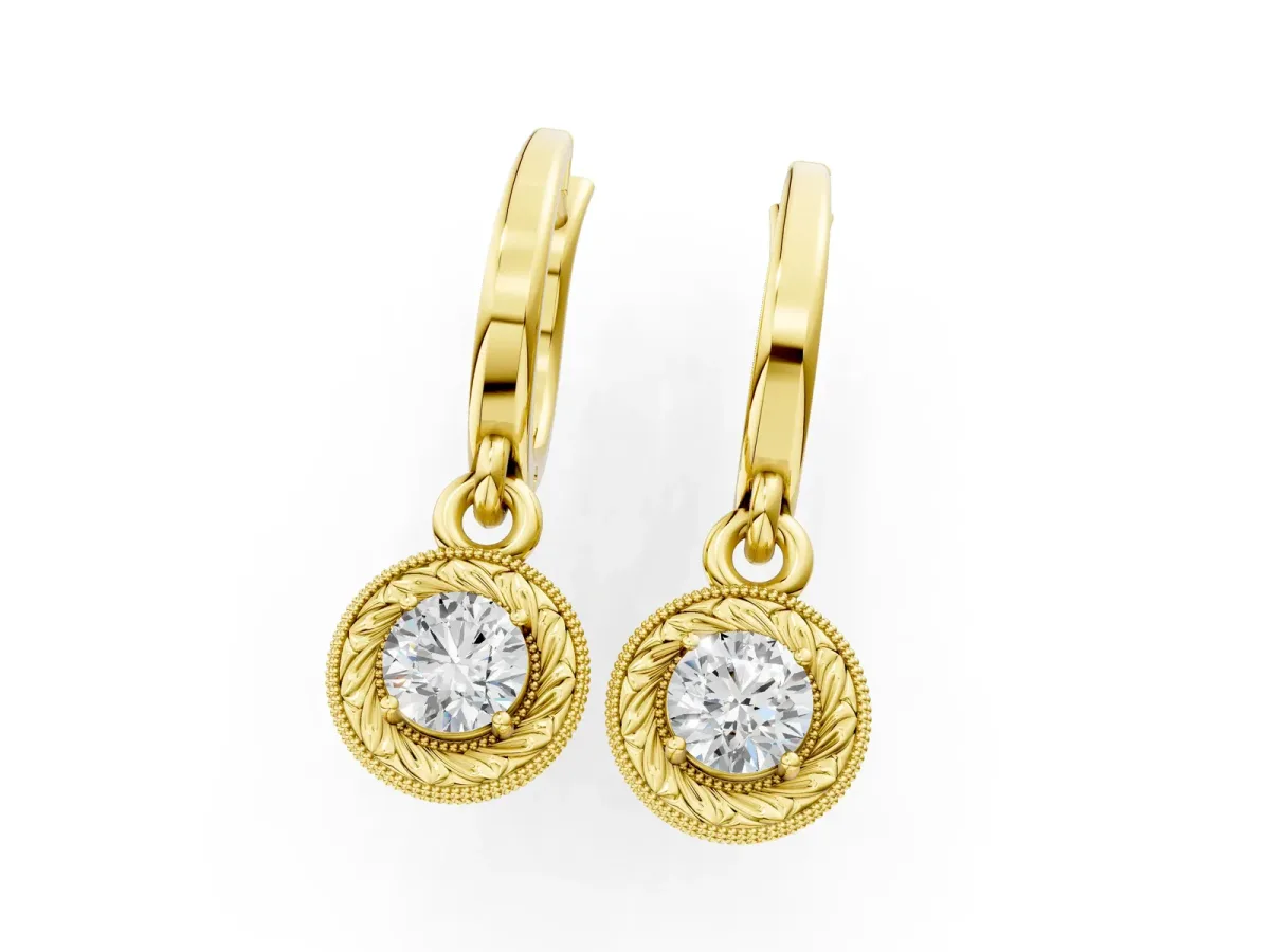 Round Cut Milgrain Bezel Set Leverback Earrings Yellow gold