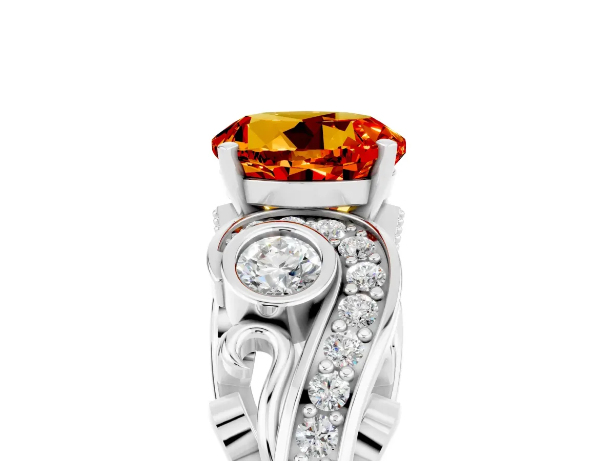 Round Cut Citrine Solitaire Ring with Milgrain Pavé Band and Four-Prong Setting Silver