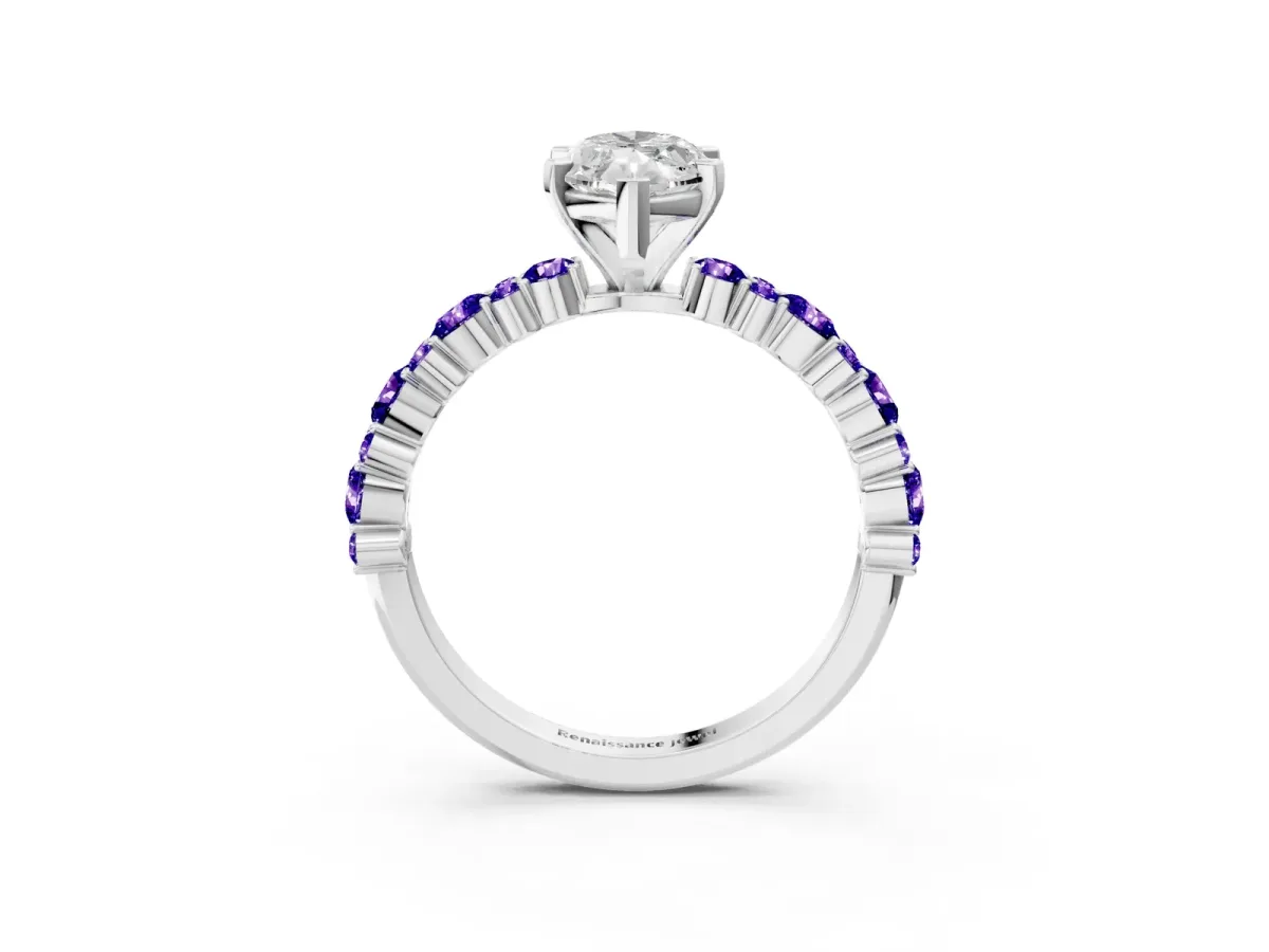 Marquise Cut Diamond Side Stone Solitaire Ring with Round Tanzanite and Four-Prong Setting Silver