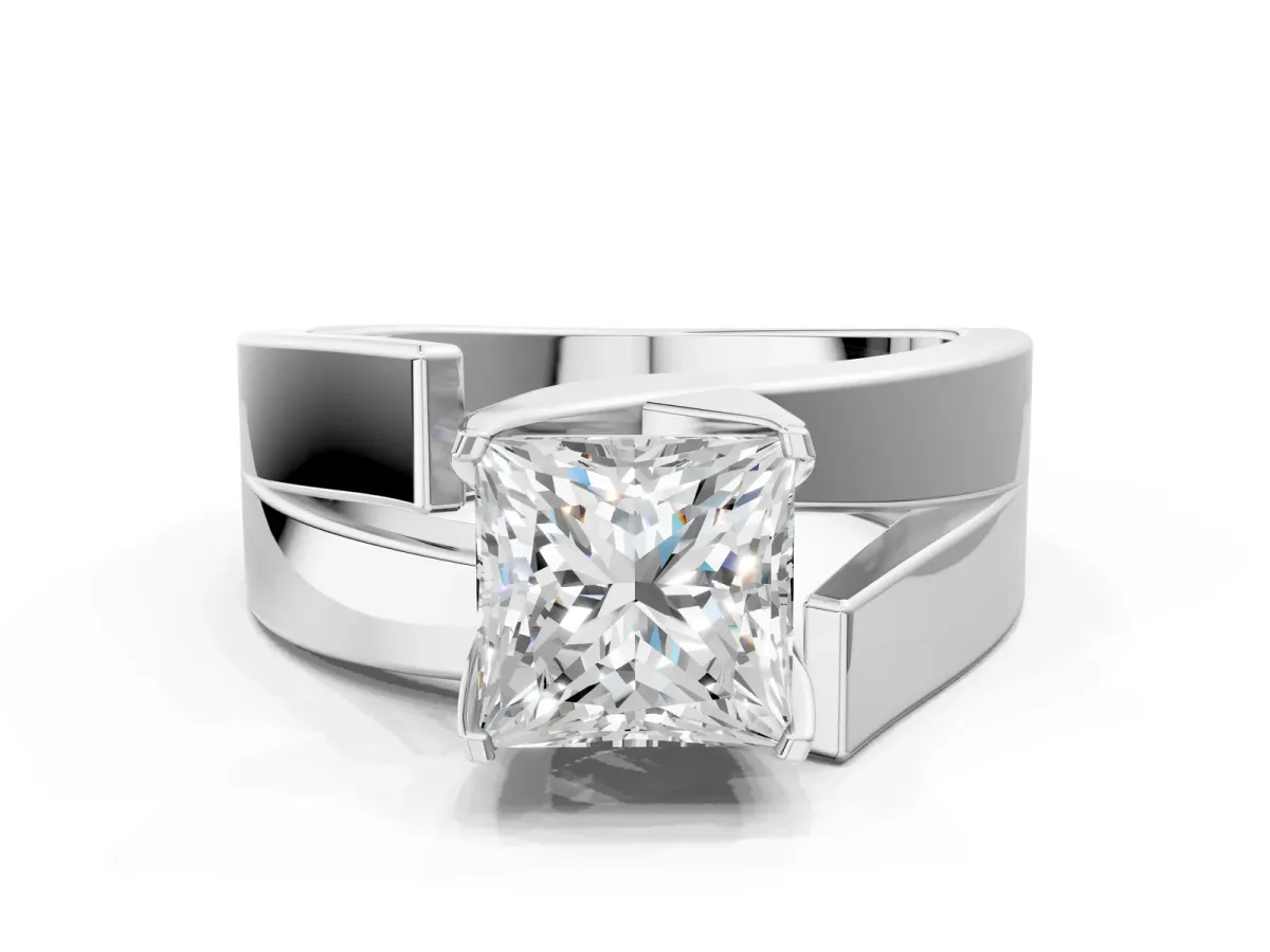 Modern Tension Set Princess Cut Diamond Solitaire Wide Band Ring Silver