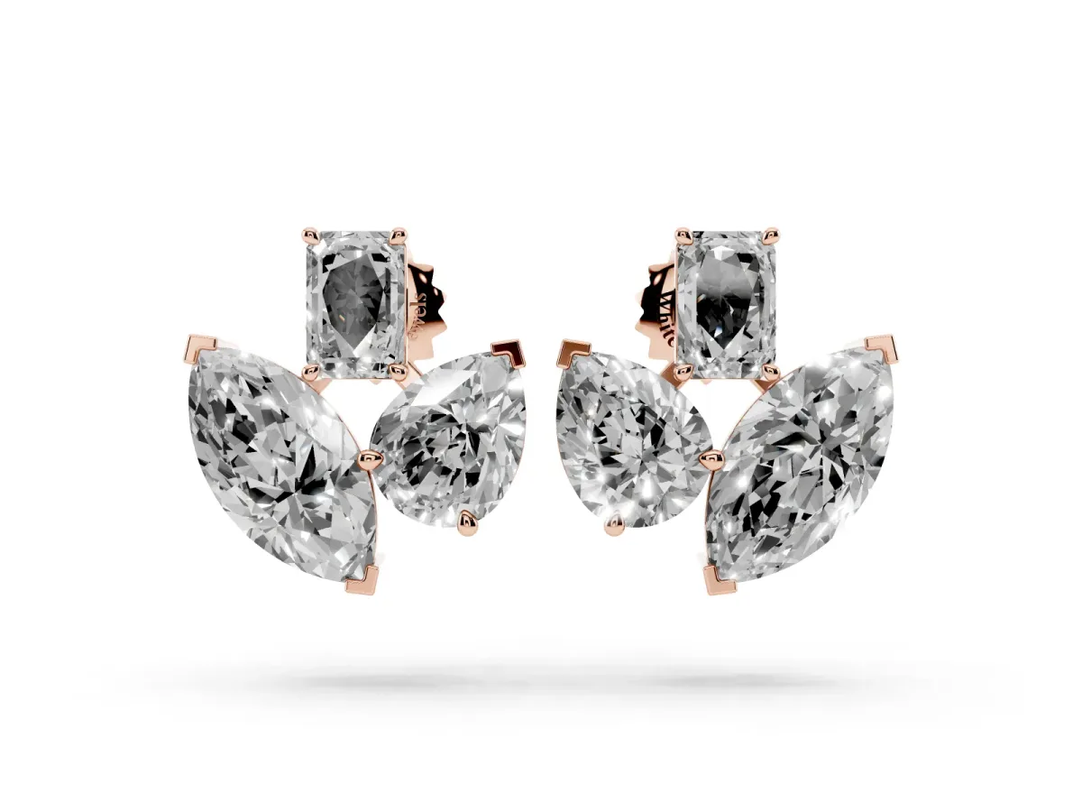 Emerald, Marquise and Pear Diamond Mosaic Three Stone Fan Earrings Rose gold