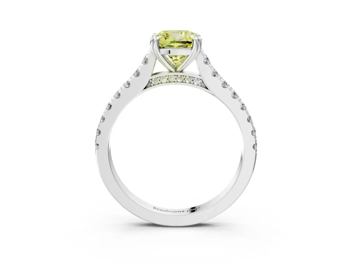 Fancy Yellow Cushion Cut Solitaire Pave Diamond Engagement Ring with Prong Setting White gold