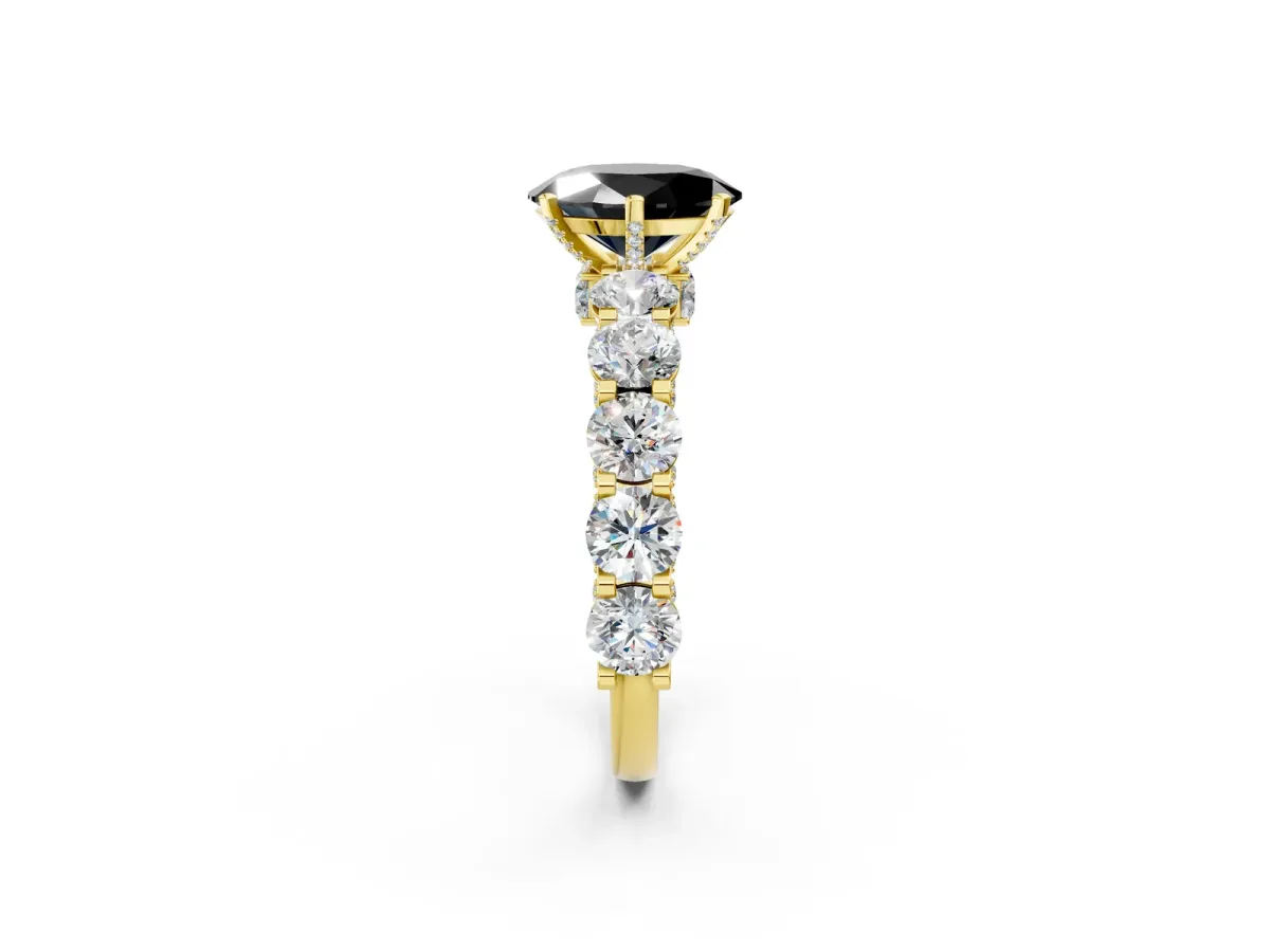 Fancy Black Oval Cut Diamond Side Stone Engagement Ring with Four-Prong Setting Yellow gold