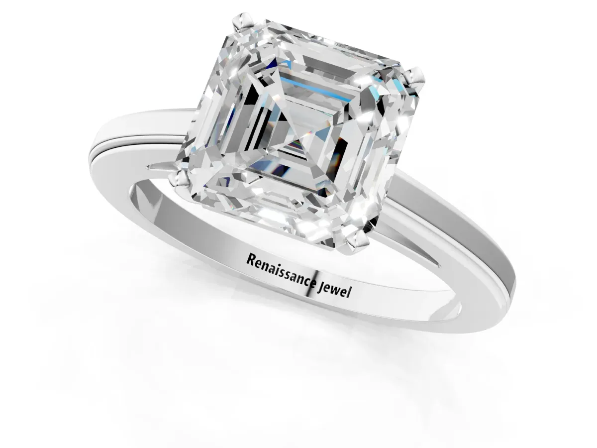 Asscher Cut Solitaire Diamond Ring with Four-Prong Setting and Classic Band Platinum