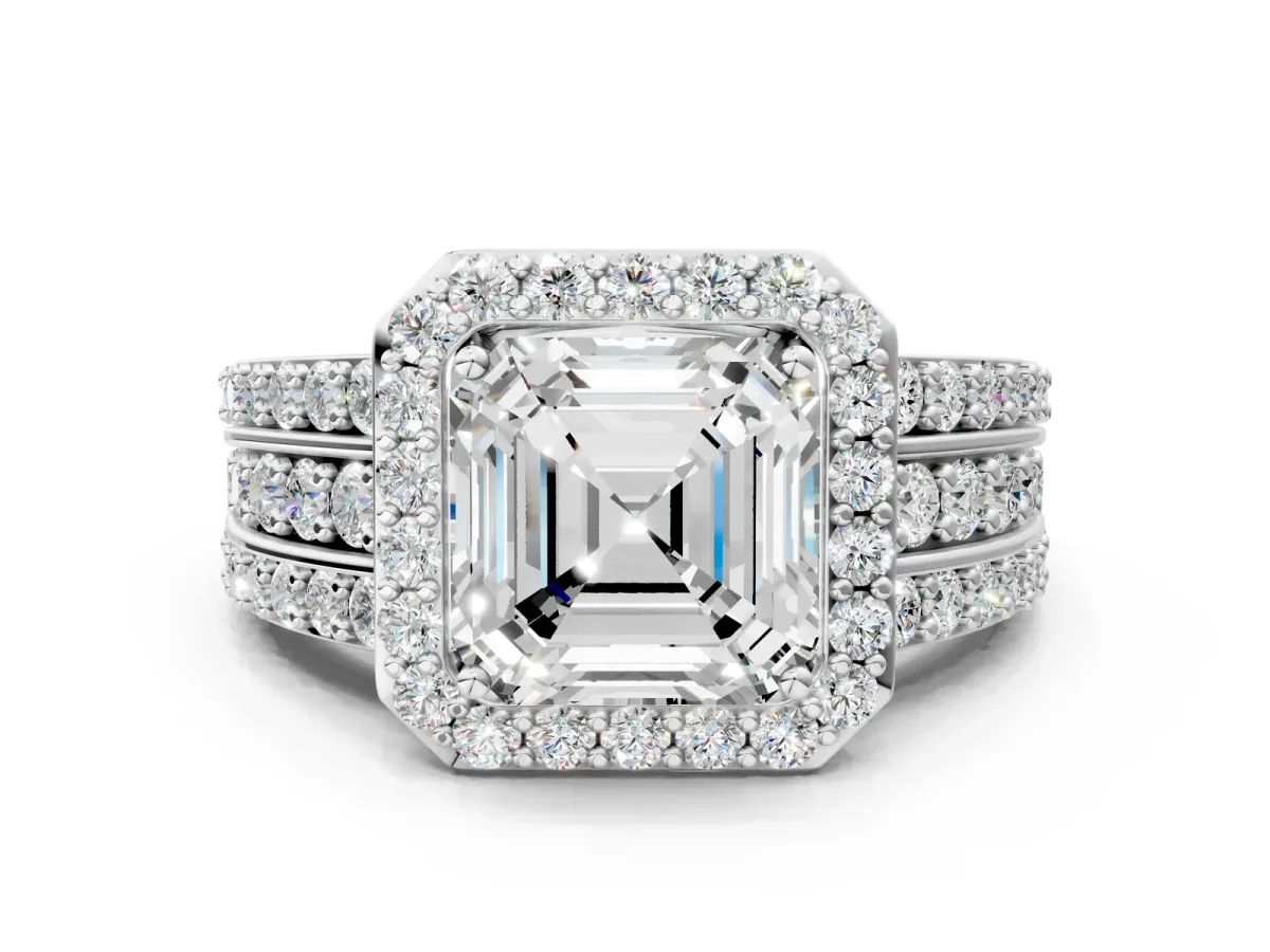 Asscher Cut Halo Diamond Ring with Round Moissanite Split Shank and Prong Setting Silver