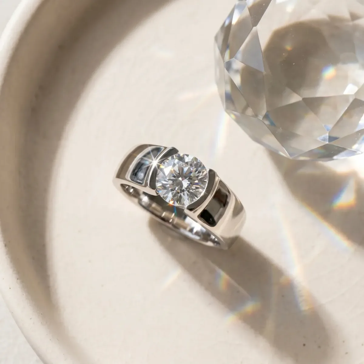 Asscher Cut Solitaire Bezel Set Diamond Ring with Wide Band Platinum