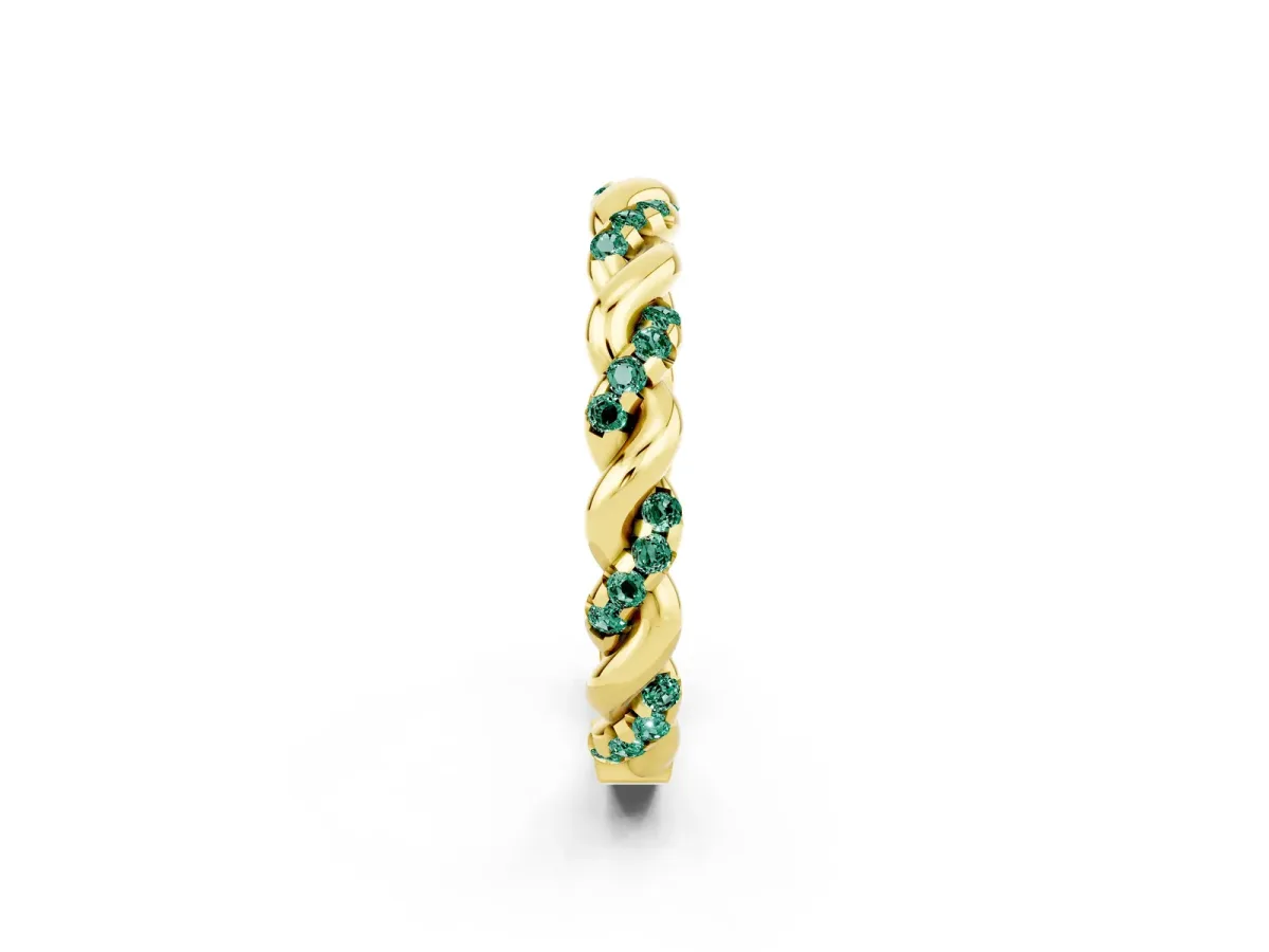 Twisted Pavé Round Green Sapphire Eternity Band Yellow gold