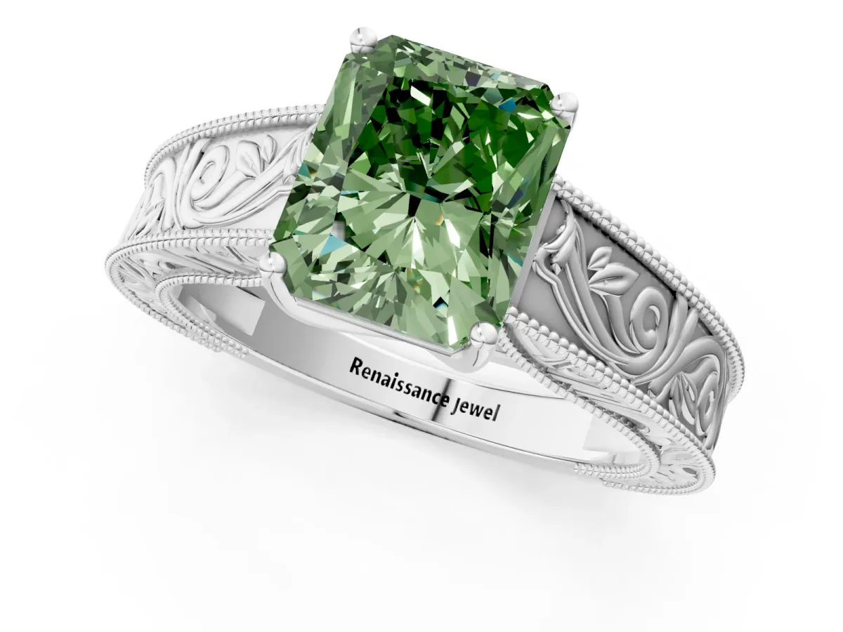 Fancy Green Radiant Cut Diamond Solitaire Ring with Engraved Band and Four-Prong Setting Platinum