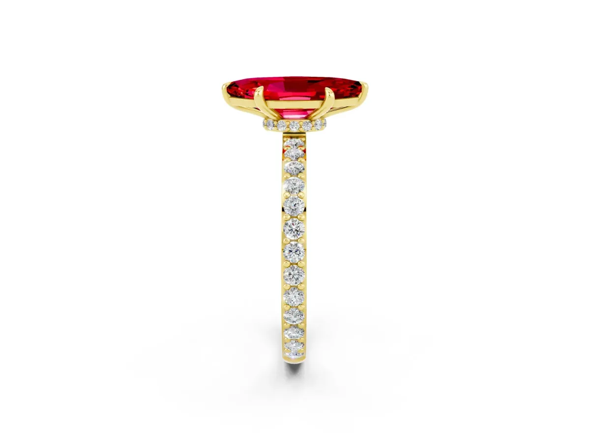 Marquise Cut Ruby Solitaire Engagement Ring with Pavé Band and Four-Prong Setting Yellow gold