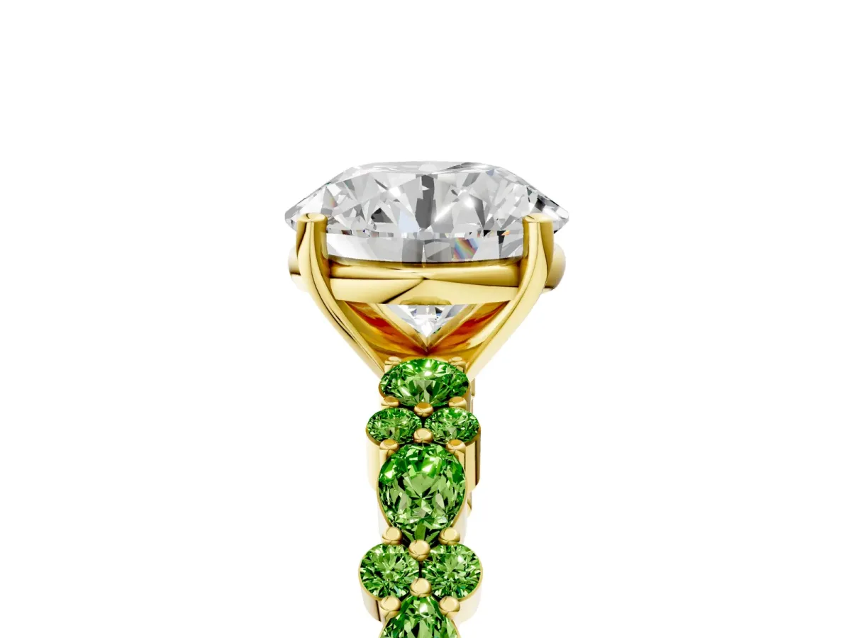 Round Cut Diamond Side Stone Solitaire Ring with Round Peridot and Four-Prong Setting Yellow gold