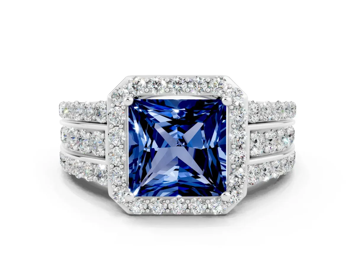 Princess Cut Halo Blue Sapphire Ring with Round Split Shank and Prong Setting Silver