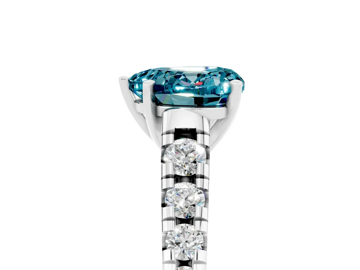 Heart Cut Blue Topaz Cathedral Solitaire Ring with Round Pavé Band Silver