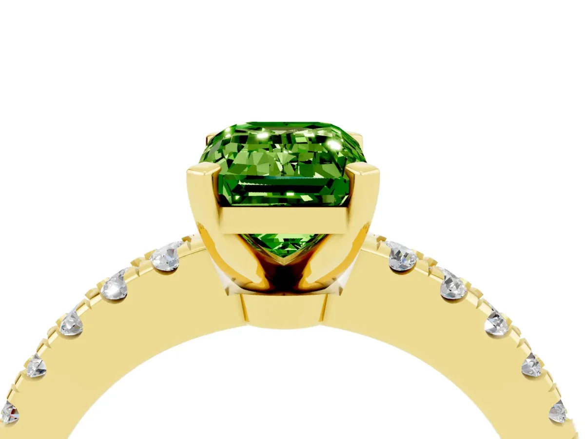 Emerald Cut Solitaire Peridot with Pavé Band and Four-Prong Setting Yellow gold