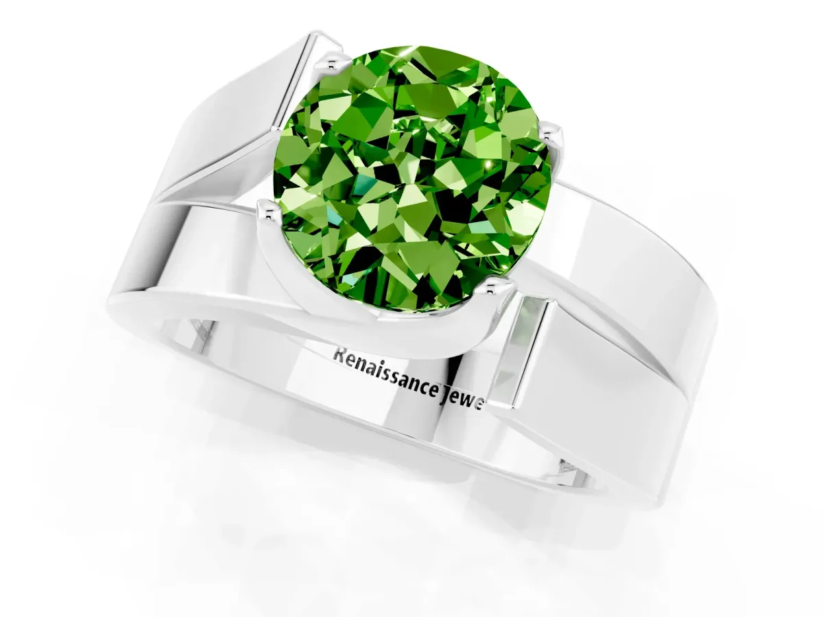 Modern Tension Set Round Cut Peridot Solitaire Wide Band Ring Silver