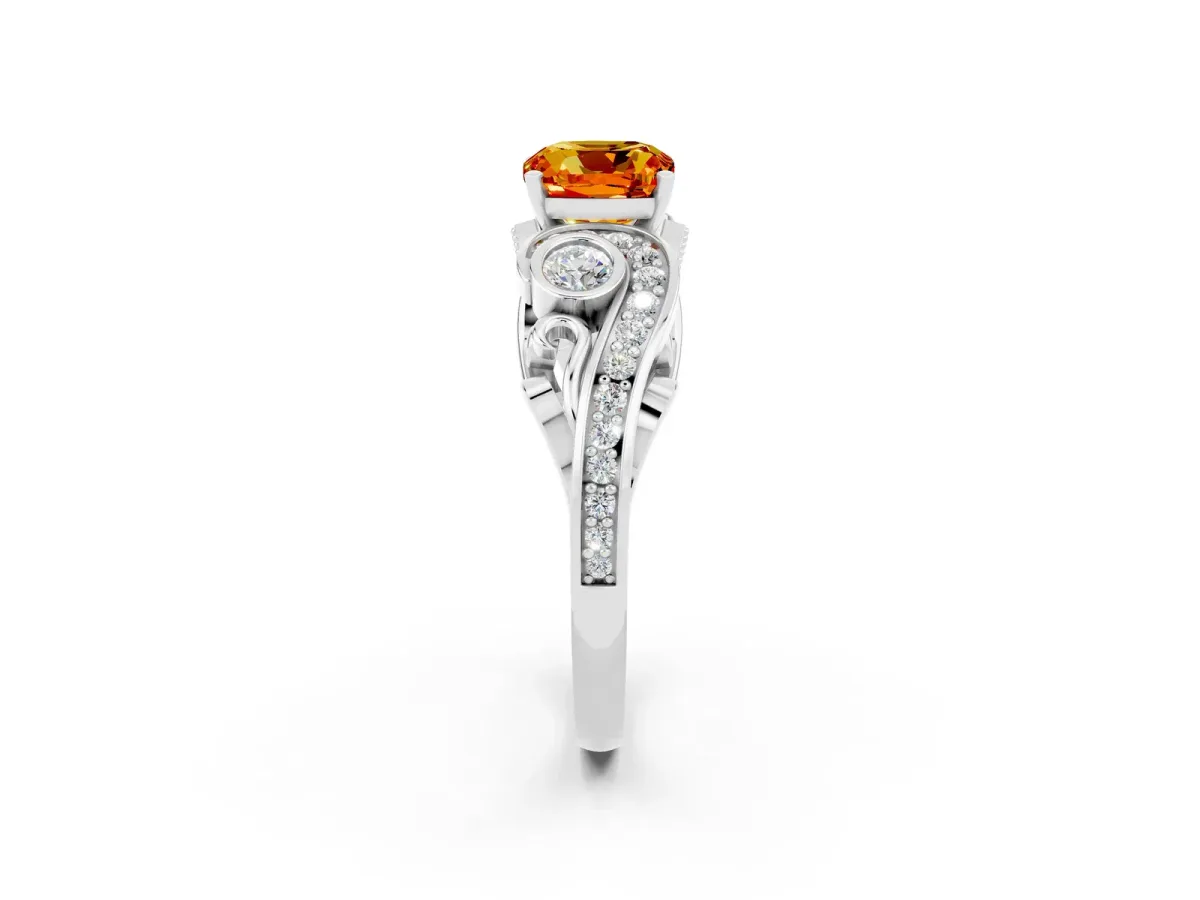 Cushion Cut Citrine Solitaire Ring with Milgrain Pavé Band and Four-Prong Setting Silver