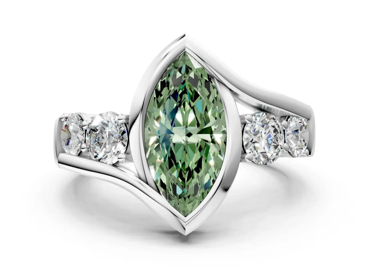 Fancy Green Bezel Set Marquise Cut Diamond Bypass Ring with Round Accents Silver