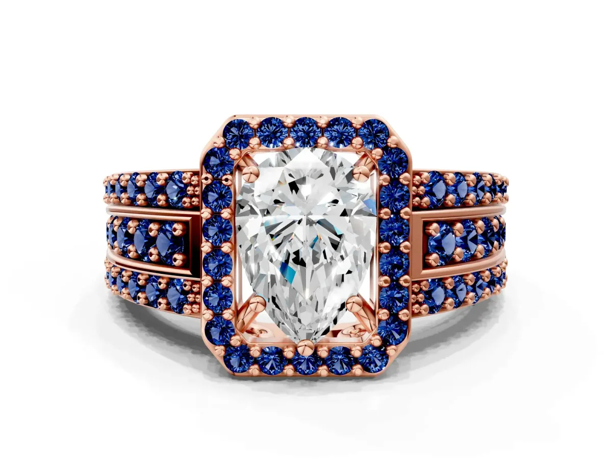 Pear Cut Halo Diamond Ring with Round Blue Sapphire Split Shank and Prong Setting Rose gold