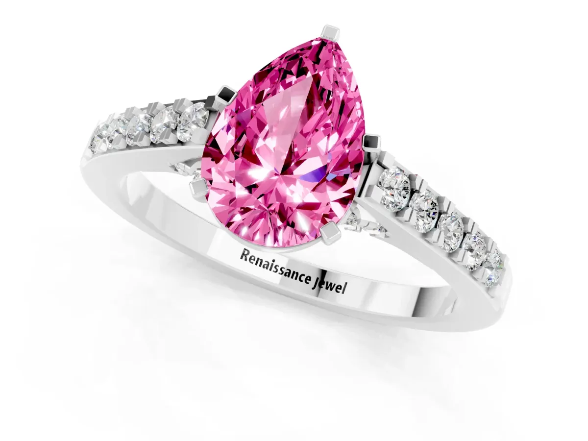 Pear Cut Pink Sapphire Solitaire Ring with Crossover Gallery and Round Pavé Band Silver