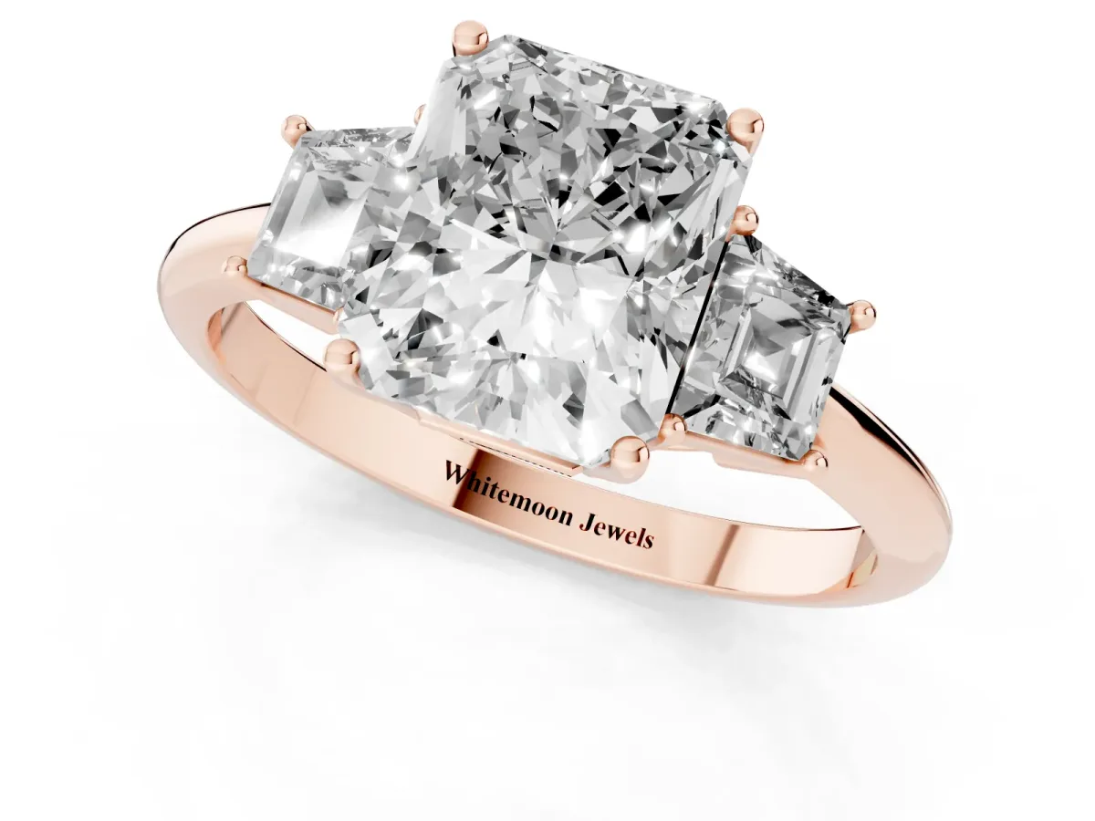 Radiant Cut Diamond Three-Stone Ring with Trapezoid Side Stones and Prong Setting Rose gold