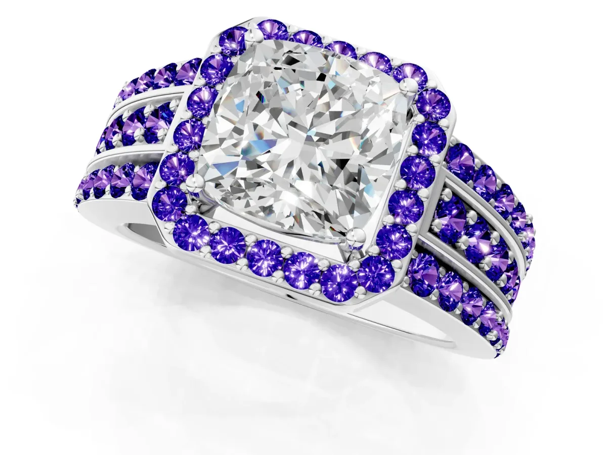 Cushion Cut Halo Diamond Ring with Round Tanzanite Split Shank and Prong Setting Silver