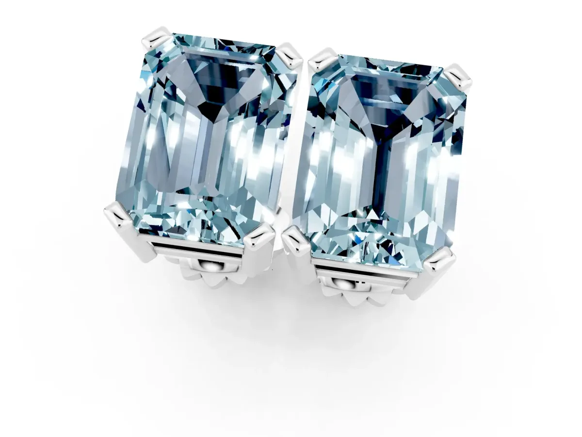 Emerald Cut Aquamarine Stud Earrings White gold