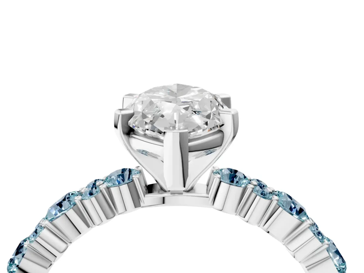 Marquise Cut Diamond Side Stone Solitaire Ring with Round Aquamarine and Four-Prong Setting Silver