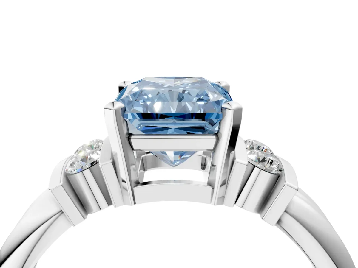 Fancy Blue Radiant Cut Cut Three-Stone Channel Set Ring with Bar Prongs Platinum