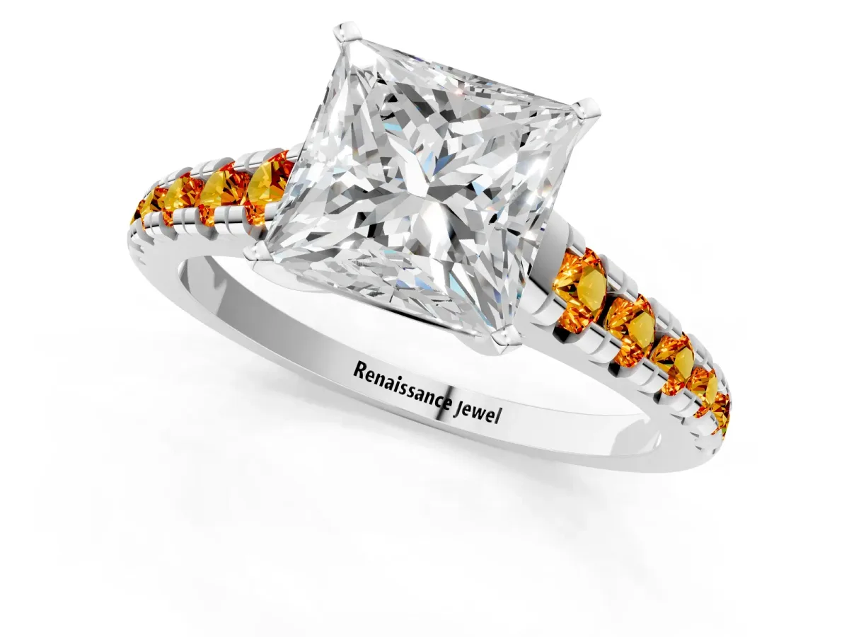 Princess Cut Diamond Cathedral Solitaire Ring with Round Citrine Pavé Band Silver
