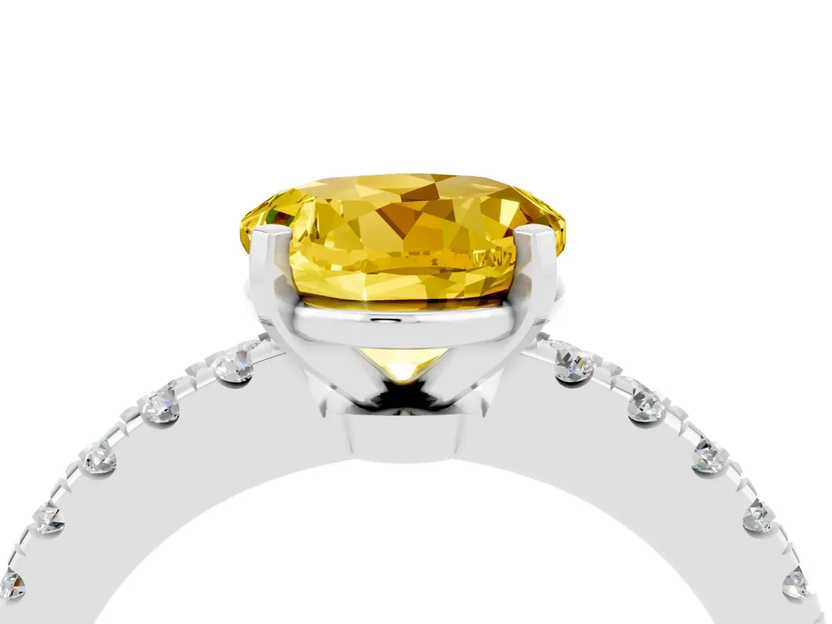 Round Cut Solitaire Yellow Sapphire with Pavé Band and Four-Prong Setting Silver