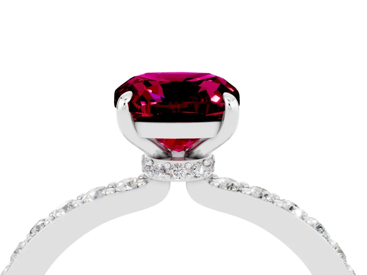 Cushion Cut Garnet Solitaire Engagement Ring with Pavé Band and Four-Prong Setting Silver