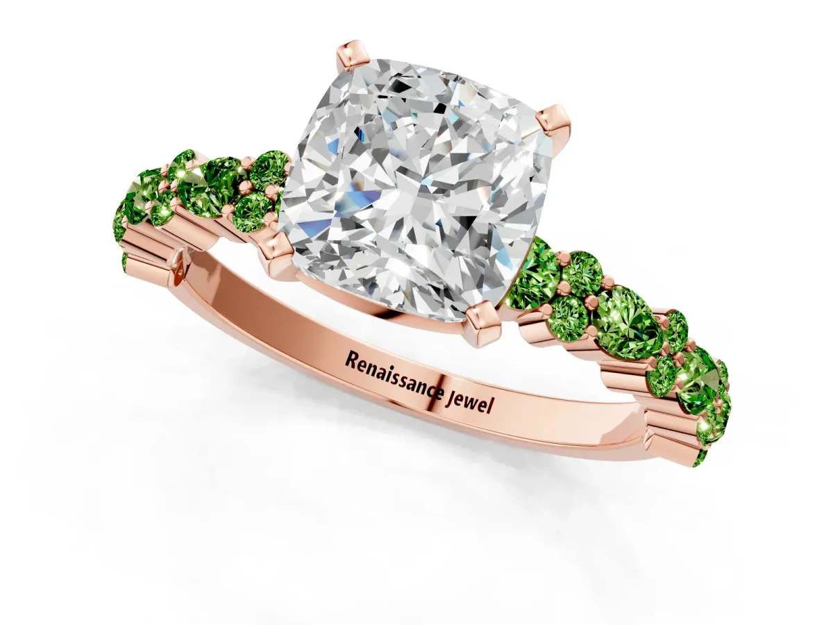 Cushion Cut Diamond Side Stone Solitaire Ring with Round Peridot and Four-Prong Setting Rose gold