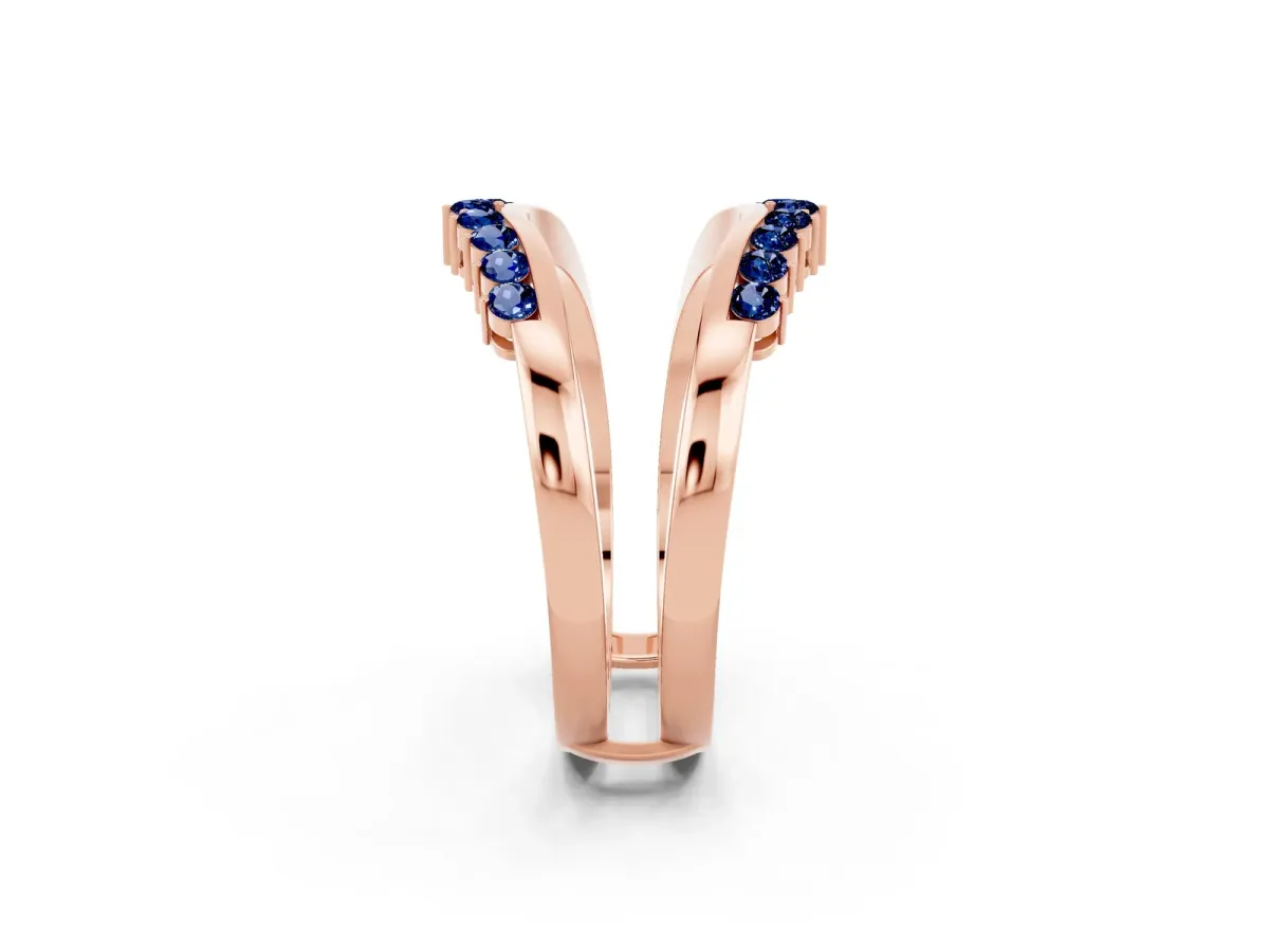 Round Blue Sapphire Chevron Contour Band with Prong Setting Rose gold