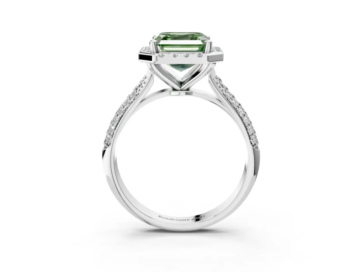 Fancy Green Asscher Cut Cut Halo Pave Band Four-Prong Setting Ring Platinum
