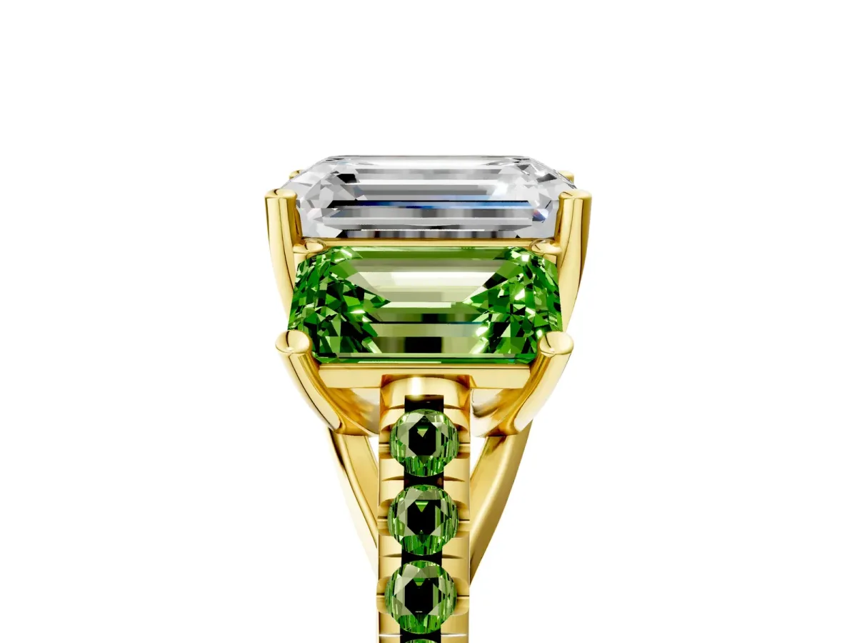 Three-Stone Emerald Cut Diamond Ring with Round Peridot Pavé Band and Prong Setting Yellow gold