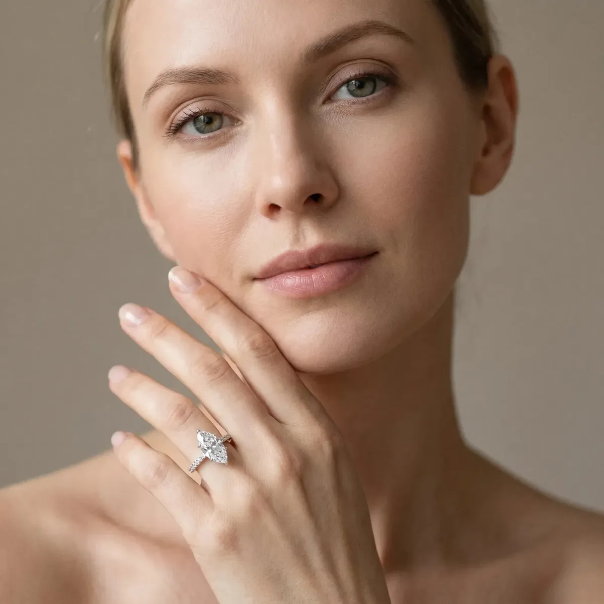 Marquise Cut Cut Solitaire Diamond Engagement Ring with Pave Band and Four-Prong Setting Silver