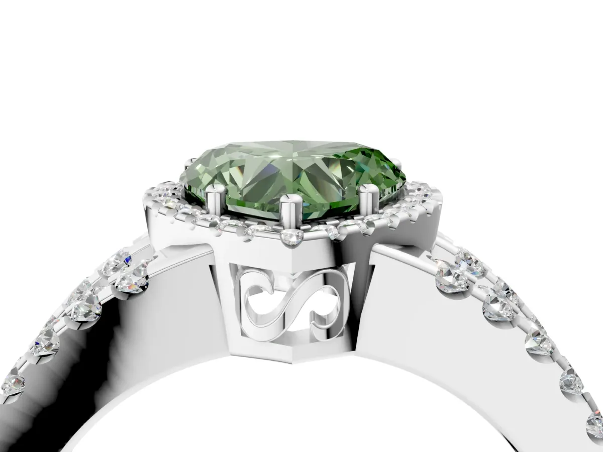 Fancy Green Heart Cut Cut Halo Split Shank Diamond Ring with Four-Prong Setting Platinum