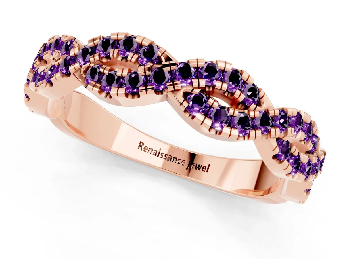 Round Amethyst Twisted Eternity Band with Pavé and Shared Prong Setting Rose gold