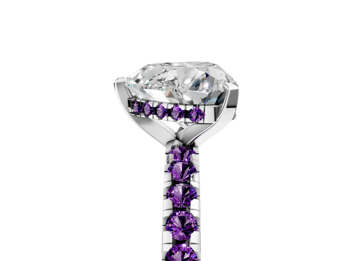 Heart Cut Diamond Solitaire Ring with Round Amethyst Pavé Band and Four-Prong Setting Silver