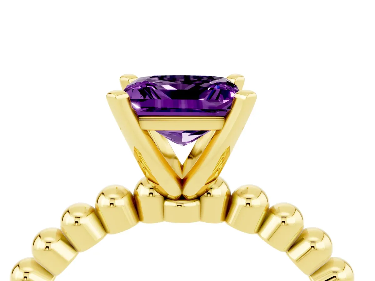 Princess Cut Amethyst Solitaire Ring with Beaded Band and Prong Setting Yellow gold