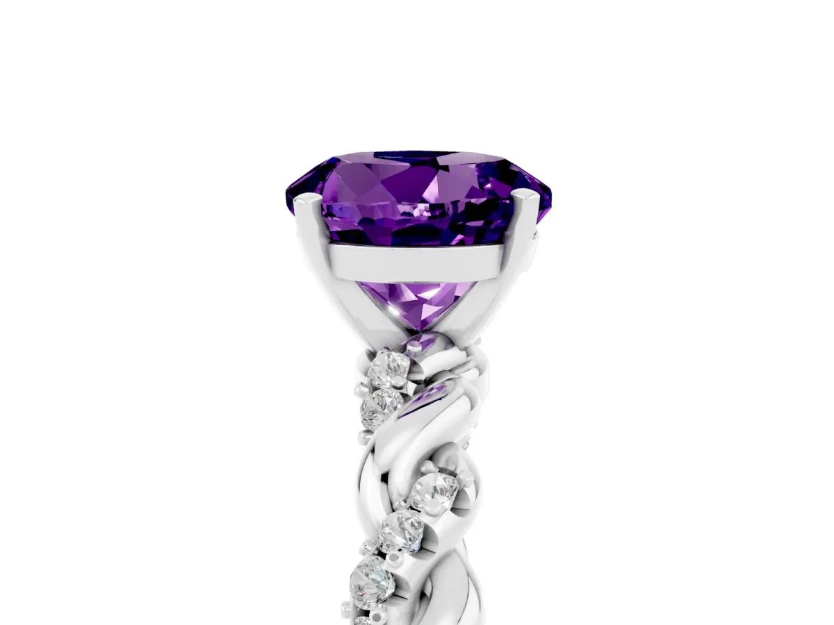 Round Cut Amethyst Solitaire Ring with Twisted Band and Pavé Accents Silver
