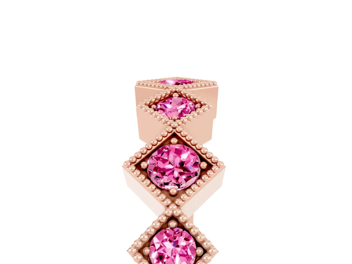 Milgrain Square Bezel Round Pink Sapphire Chevron Band Rose gold