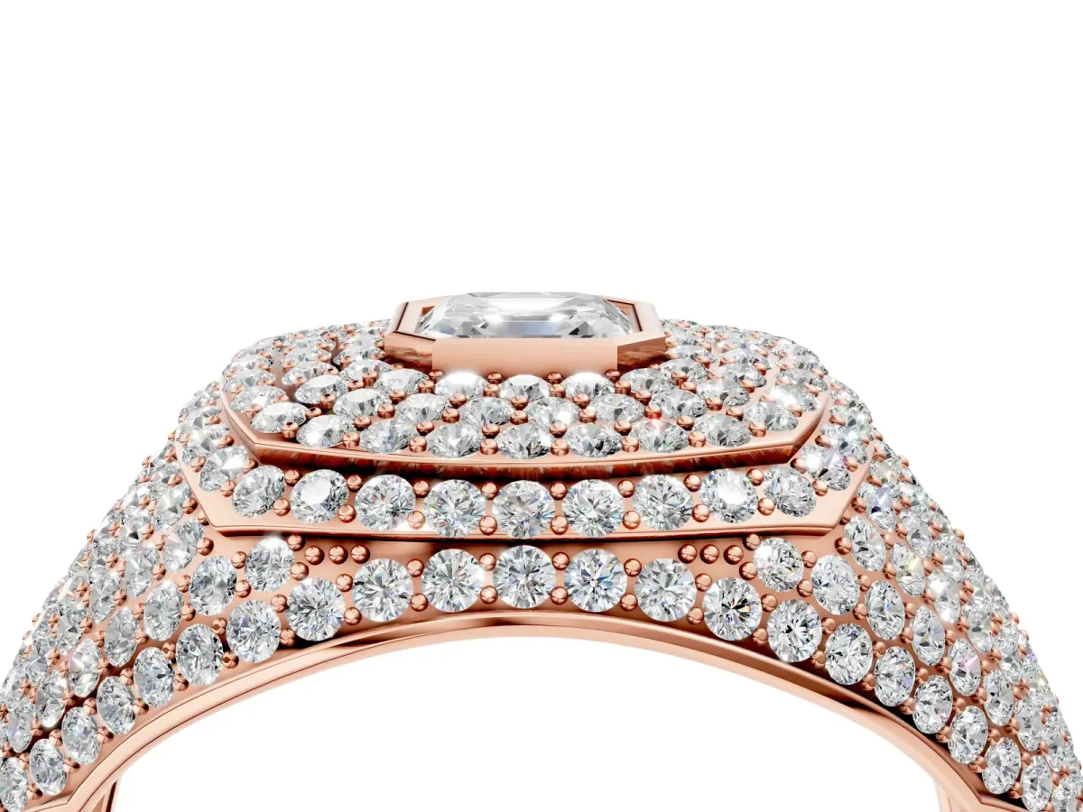 Asscher Cut Diamond Bezel Set Pavé Dome Mens Ring Rose gold